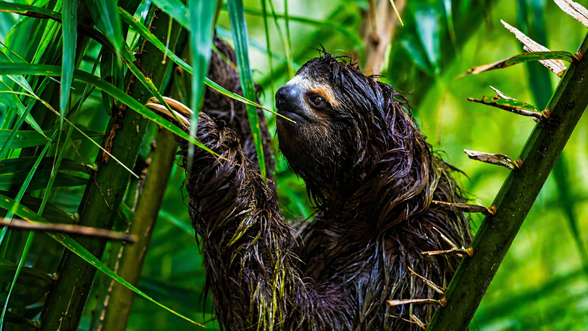 Preguiça se movendo devagar agarrada a um galho em seu habitat na selva