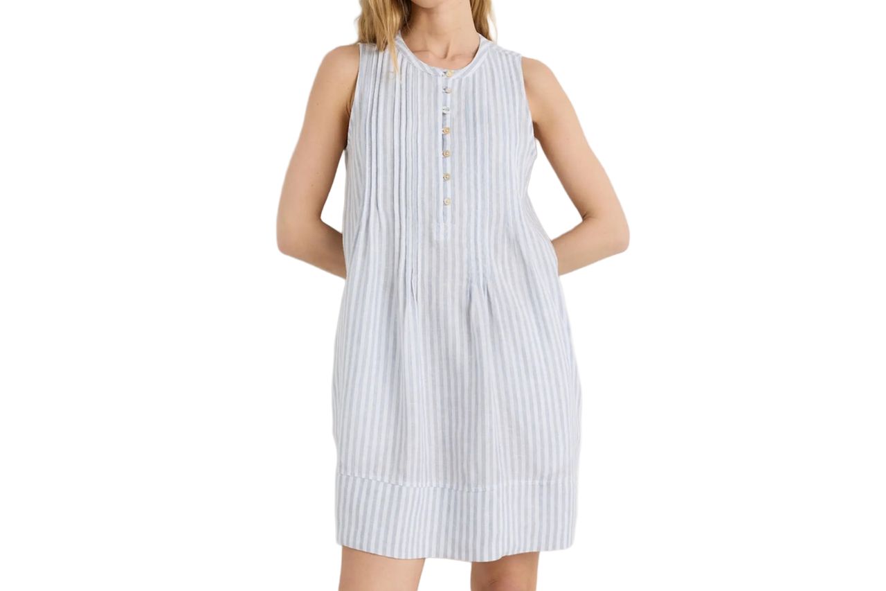 100% European Linen Sleeveless Swing Dress in Sky Blue Mariner Stripe