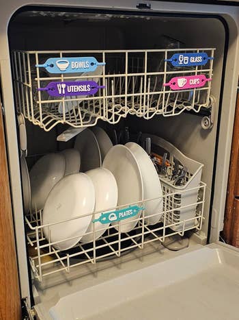 Open dishwasher with labeled organizers for bowls, utensils, glass, cups, and plates