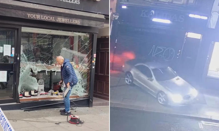 Moment brazen gang ram raid London jewellers with Mercedes before ...