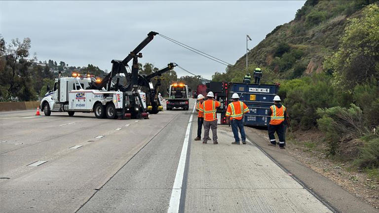 Overturned semi-truck snarls traffic on I-5 near Mission Bay