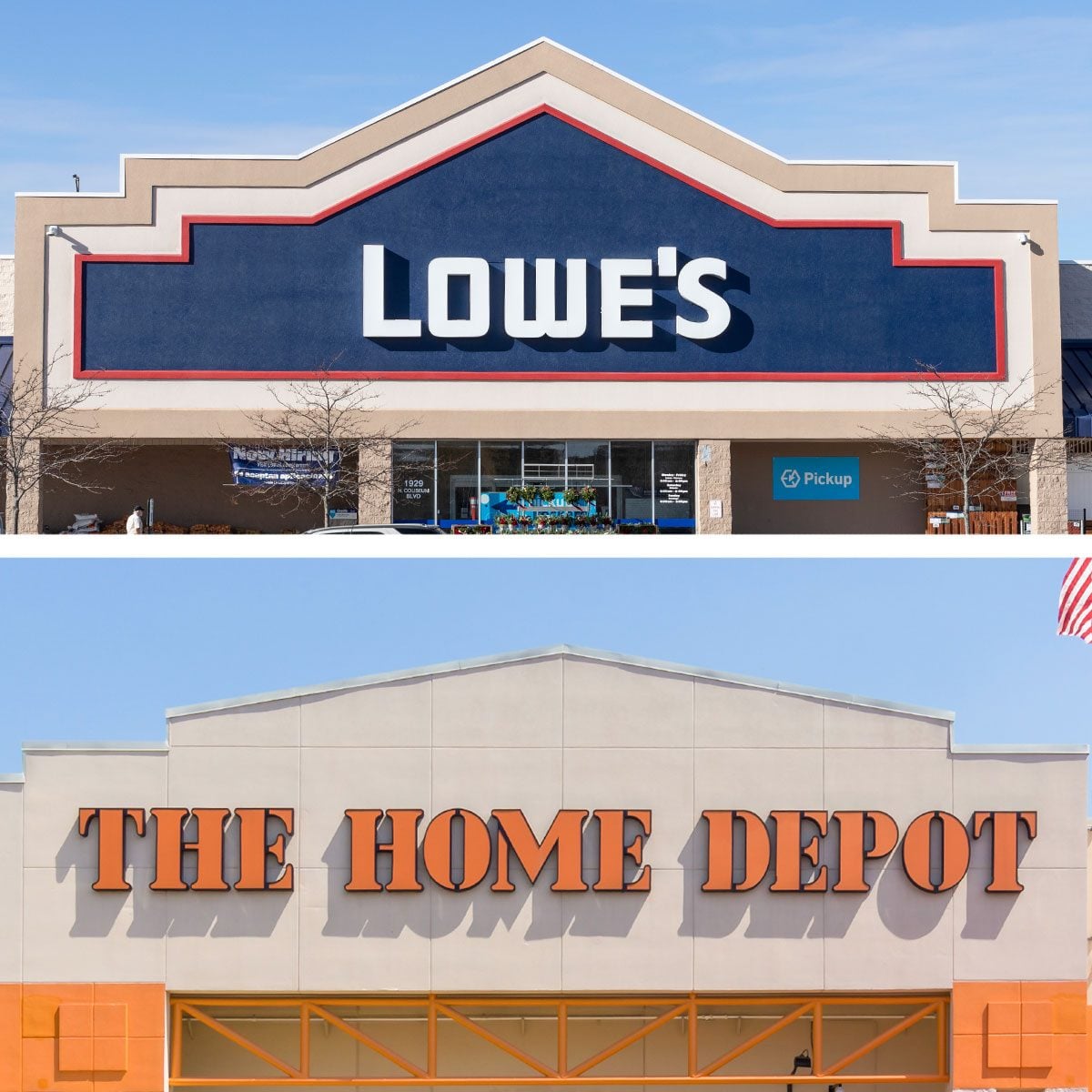 A comparison image of Lowe's and Home Depot