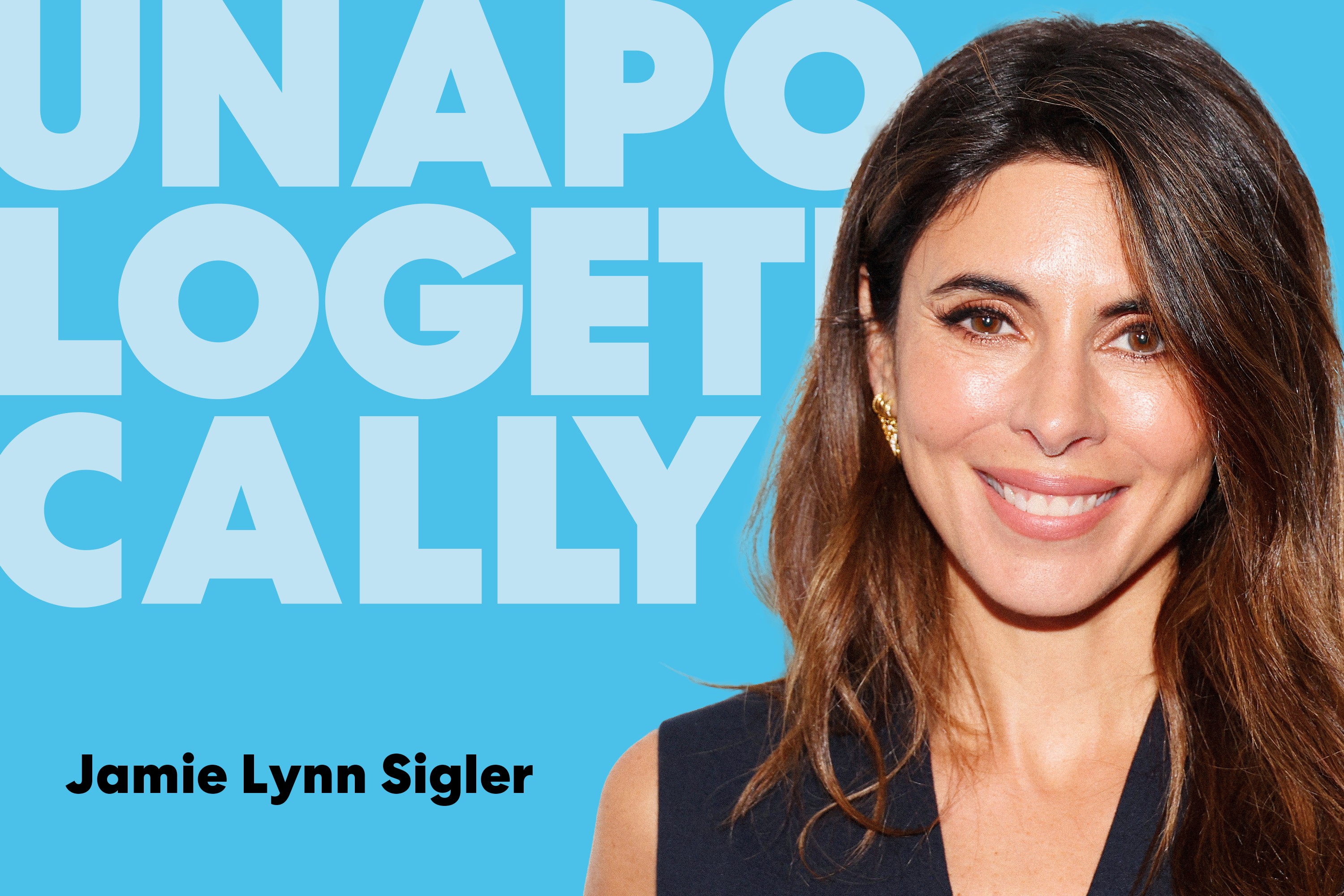 Jamie Lynn Sigler with a blue Unapologetically background