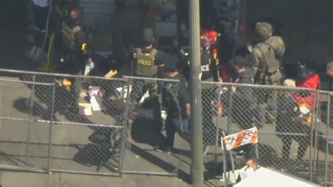 Authorities conduct a sweep of MacArthur Park in Los Angeles, California, on May 6, 2026, as part of a joint federal and local effort to dismantle an open-air drug market.