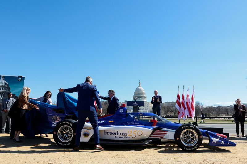 U.S. Secretary of Transportation Sean Duffy and IndyCar Series officials unveil the Freedom 250 Grand Prix race course outside the U.S. Capitol in Washington, D.C.