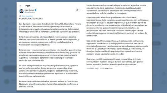 La Coalición Cívica anunció la ruptura con el interbloque Unidos a través de un comunicado difundido en redes sociales.