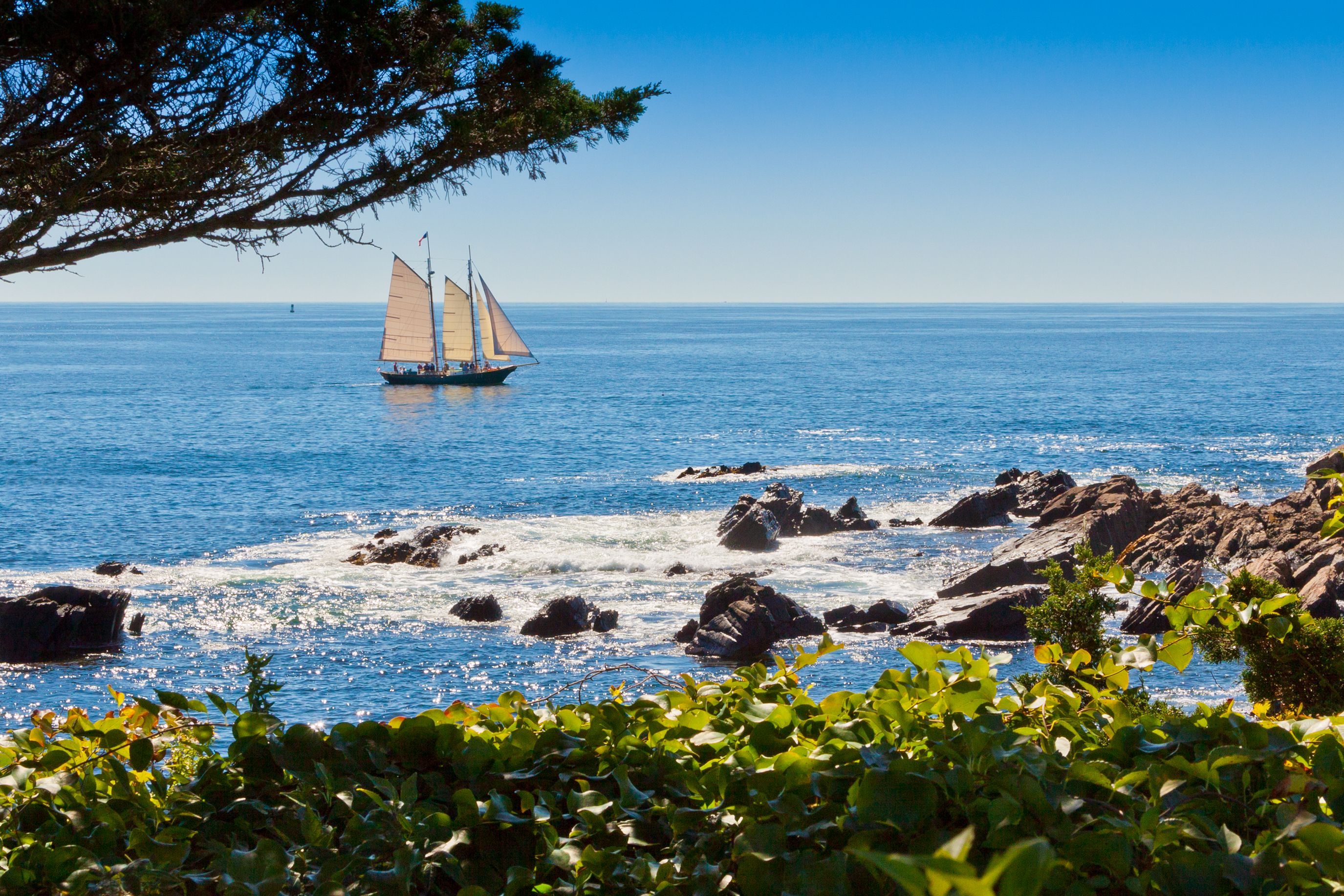 Sailboat sailing in Atlantic Ocean near Kennebunkport, Maine. This New England scene is backlitlit by autumn sun.