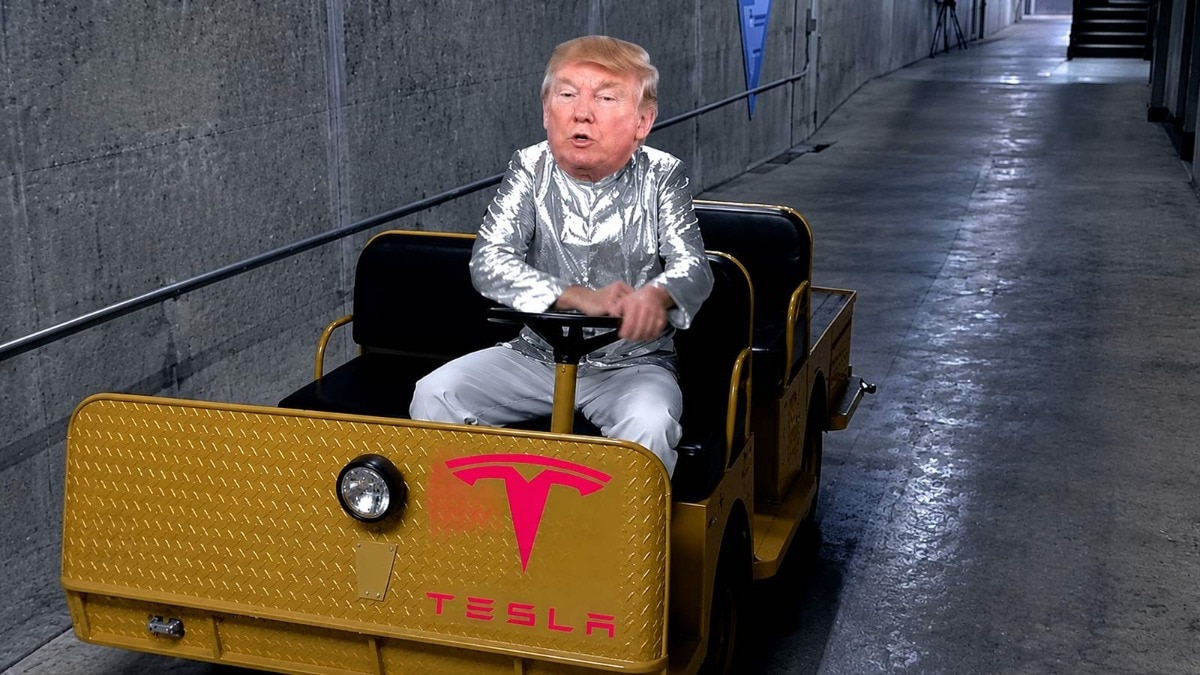 Iran mocks Trump with AI video showing him stuck in Tesla-logo truck at ...