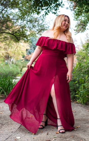 a person wearing the dress in red