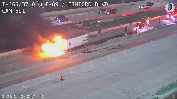 Firefighters fight semi fire on I-465 in northeast Indy live on 13Sunrise