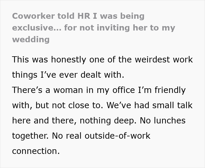 Woman complains about not getting wedding invite, HR is confused