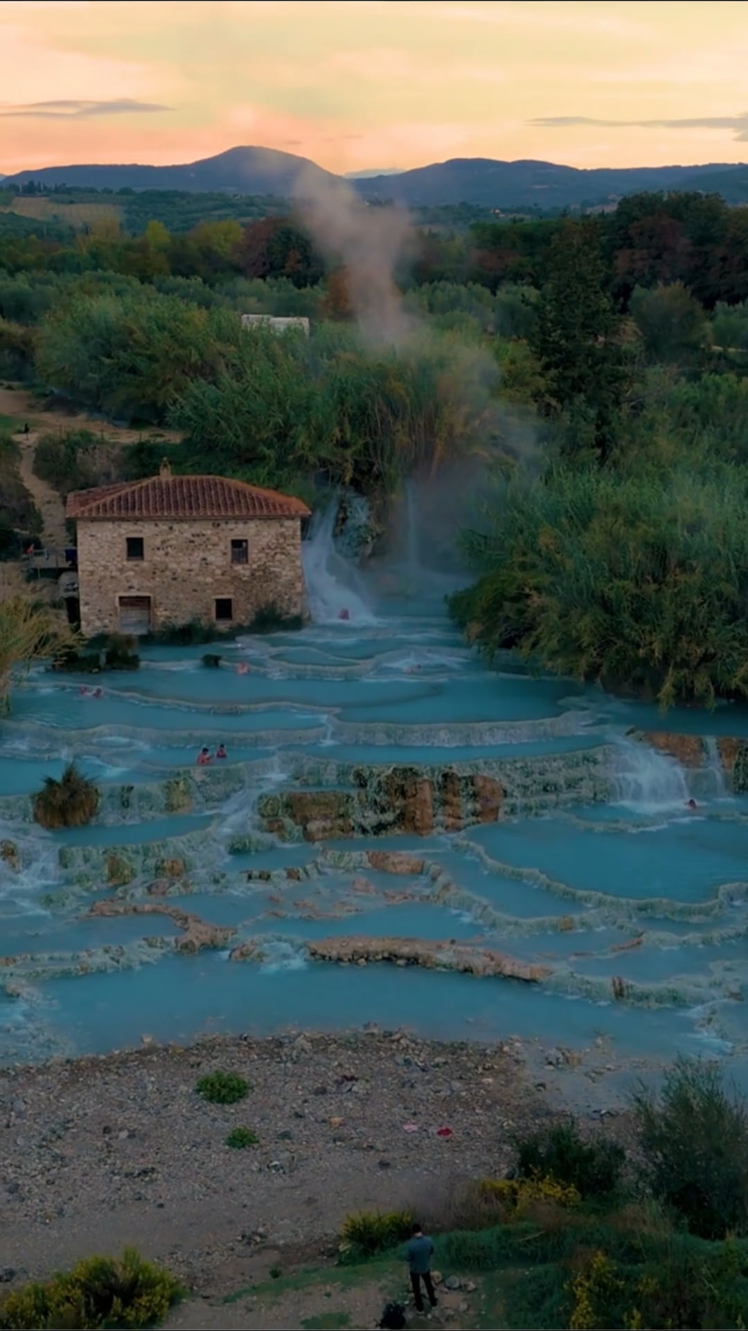 Drone views of Tuscan paradise: Cascate del Mulino in Saturnia, Italy