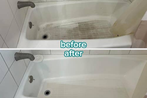 Top image shows a dirty bathtub; bottom image shows the same bathtub cleaned, highlighting dramatic results. Text reads “before” and “after.”