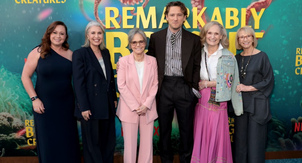 From left: Author Shelby Van Pelt, Director Olivia Newman, Sally Field, Lewis Pullman, Beth Grant and Kathy Baker at Netflix’s Los Angeles Premiere of “Remarkably Bright Creatures” in Hollywood at Netflix Tudum Theater on April 30, 2026. Photo: Matt Winkelmeyer/Getty Images for Netflix