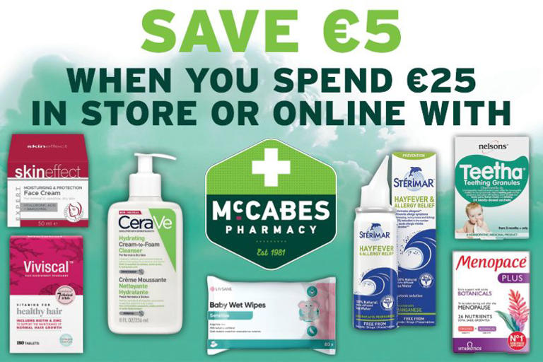 Save €5 when you spend €25 online with McCabes Pharmacy
