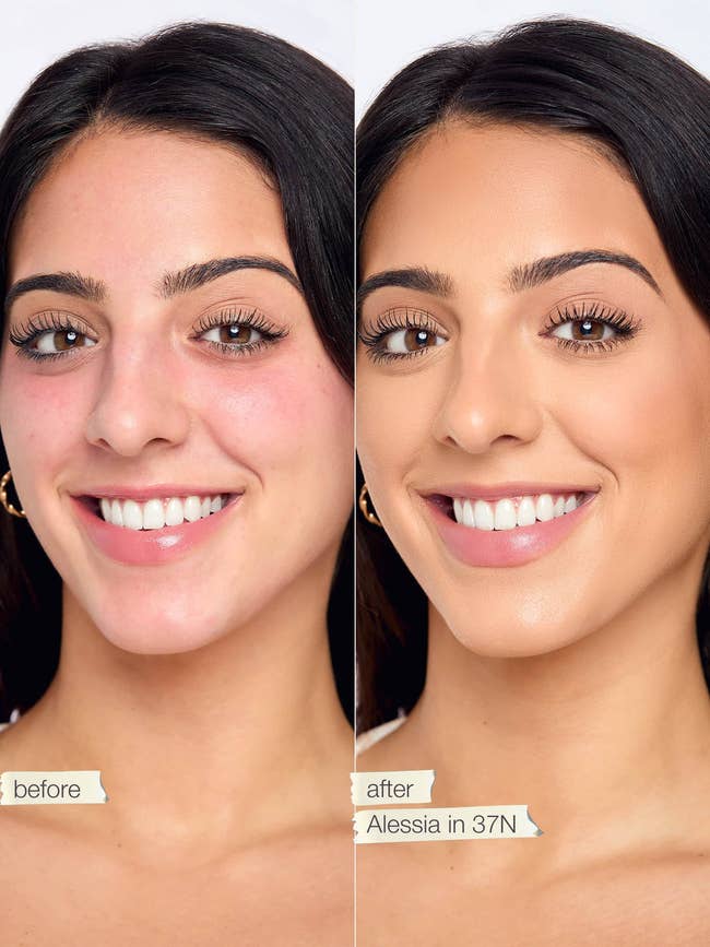 Before and after makeup comparison of a model showing smoother skin and even complexion