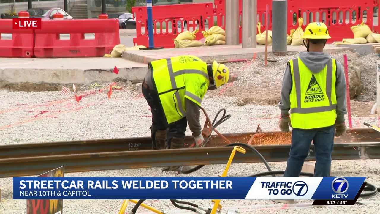 Thermite welding: Streetcar rails welded together in downtown Omaha