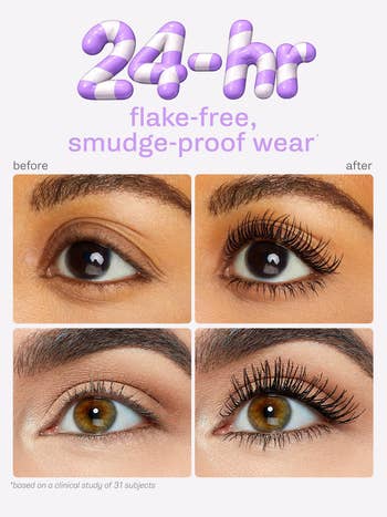 Mascara ad showing before-and-after close-ups of eyes, highlighting flake-free, smudge-proof wear for 24 hours