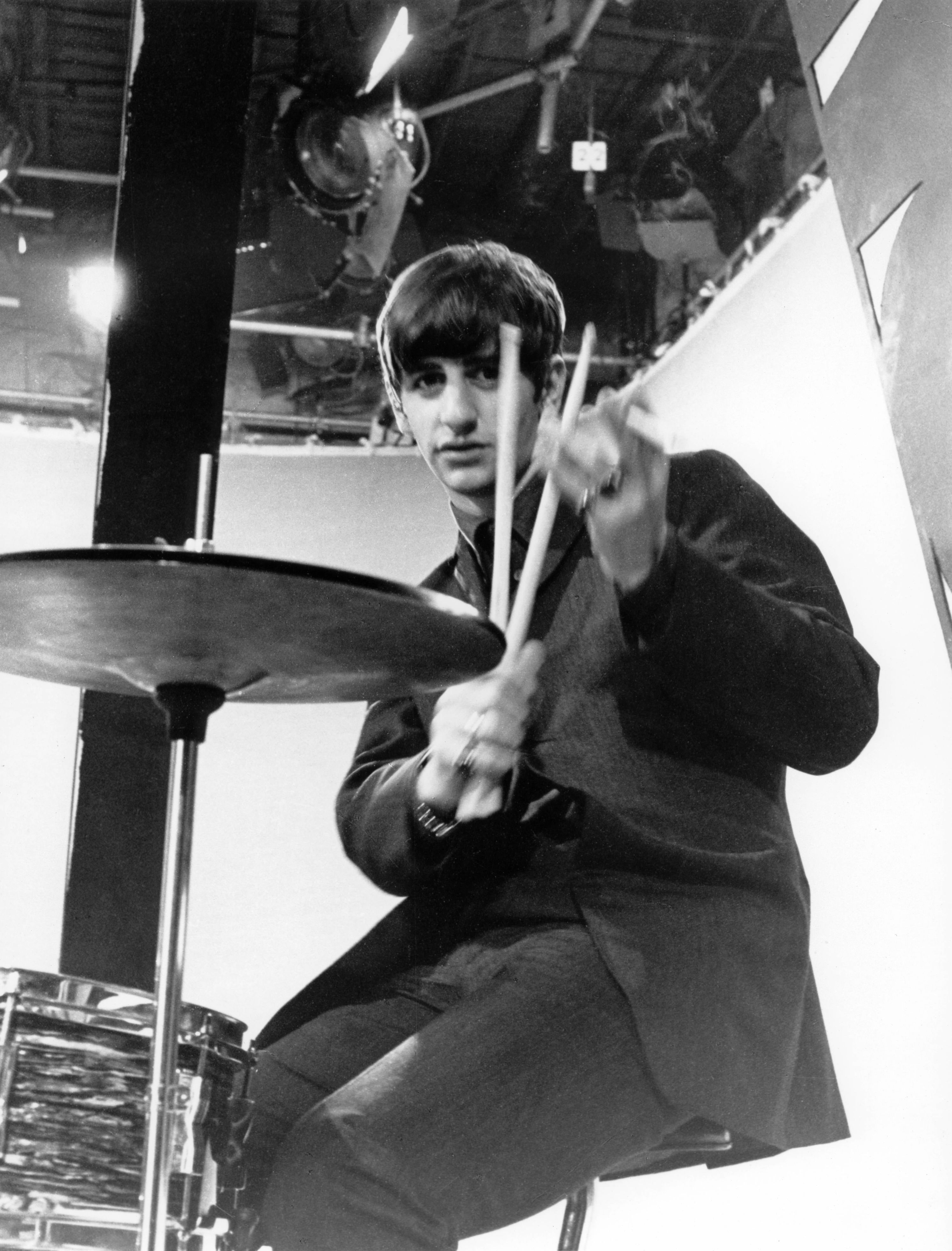 UNITED KINGDOM - DECEMBER 15: THANK YOUR LUCKY STARS Photo of BEATLES and Ringo STARR, with The Beatles, posed, holding drum sticks, at Alpha Television Studios, Aston, Birmingham (Photo by David Farrell/Redferns)