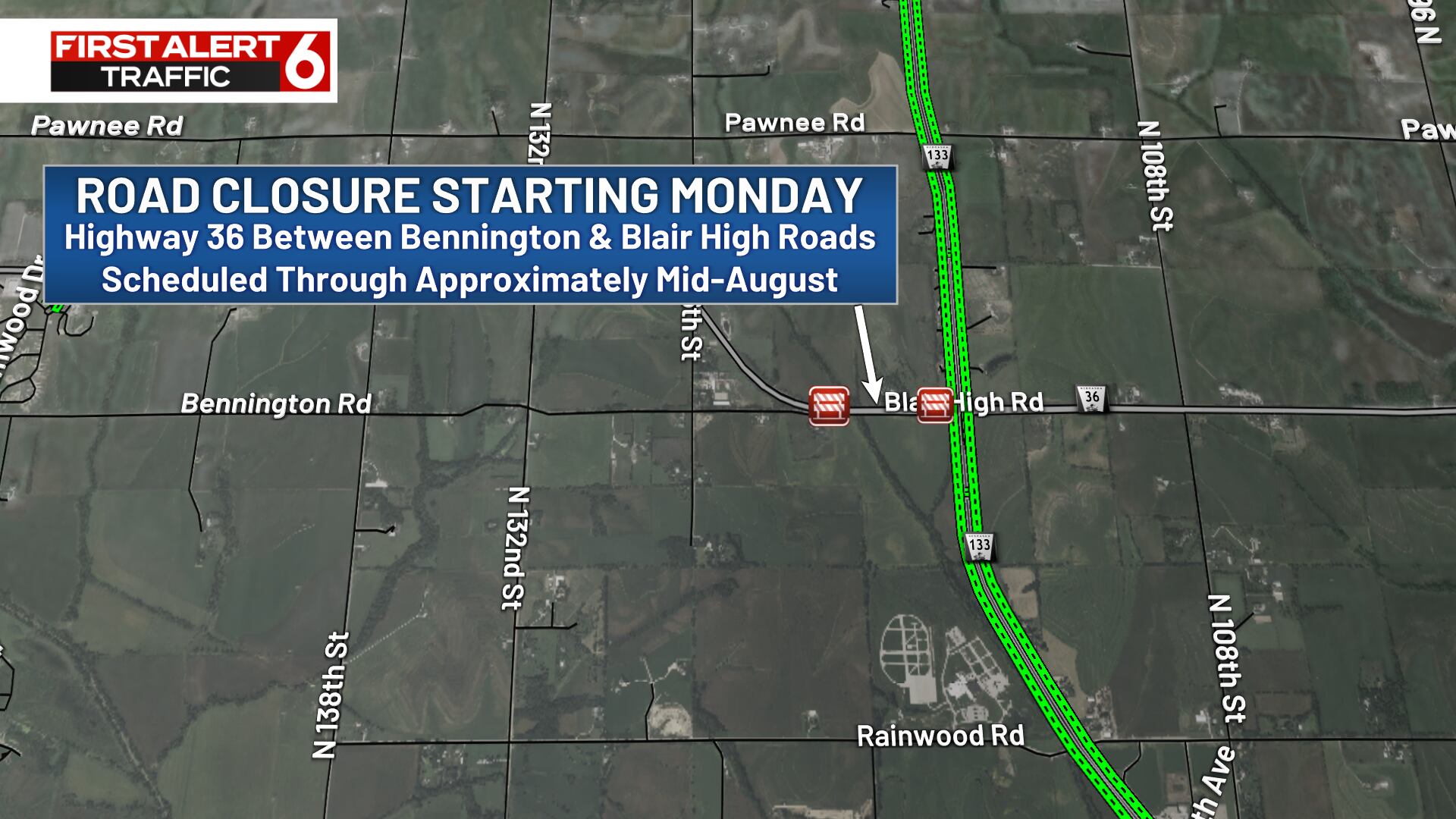 Section of Highway 36 near Omaha to close starting Monday