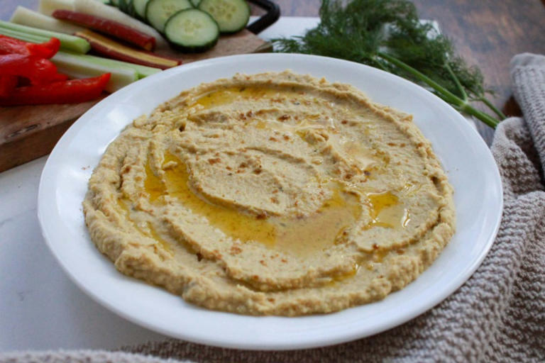 Dill pickle hummus recipe with chickpeas and tahini