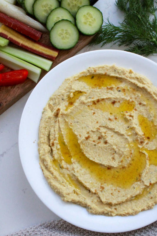 Dill pickle hummus recipe with chickpeas and tahini