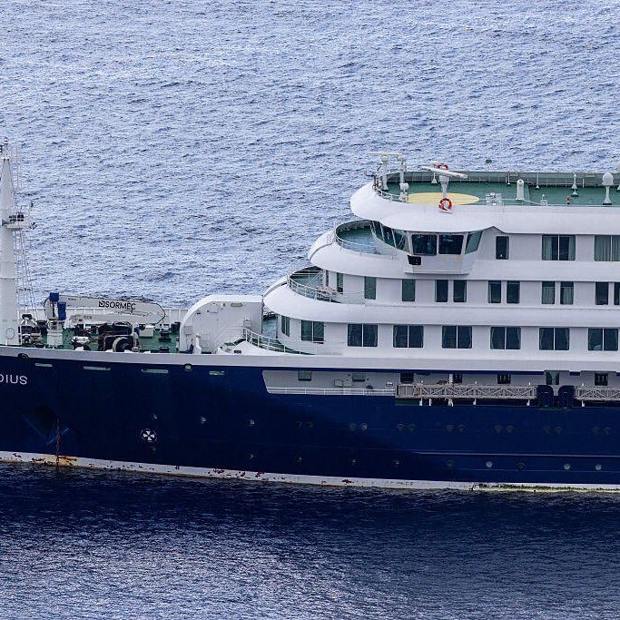 The Dutch cruise ship MV Hondius is anchored off Praia, Cabo Verde, May 6, 2026.