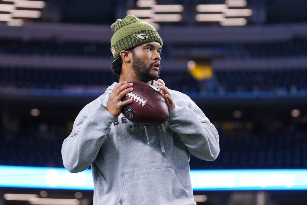 Kyler Murray #1 of the Arizona Cardinals warms up prior to an NFL football game against the Dallas Cowboys at AT&T Stadium on November 3, 2025 in Arlington, Texas. (Photo by Perry Knotts/Getty Images)