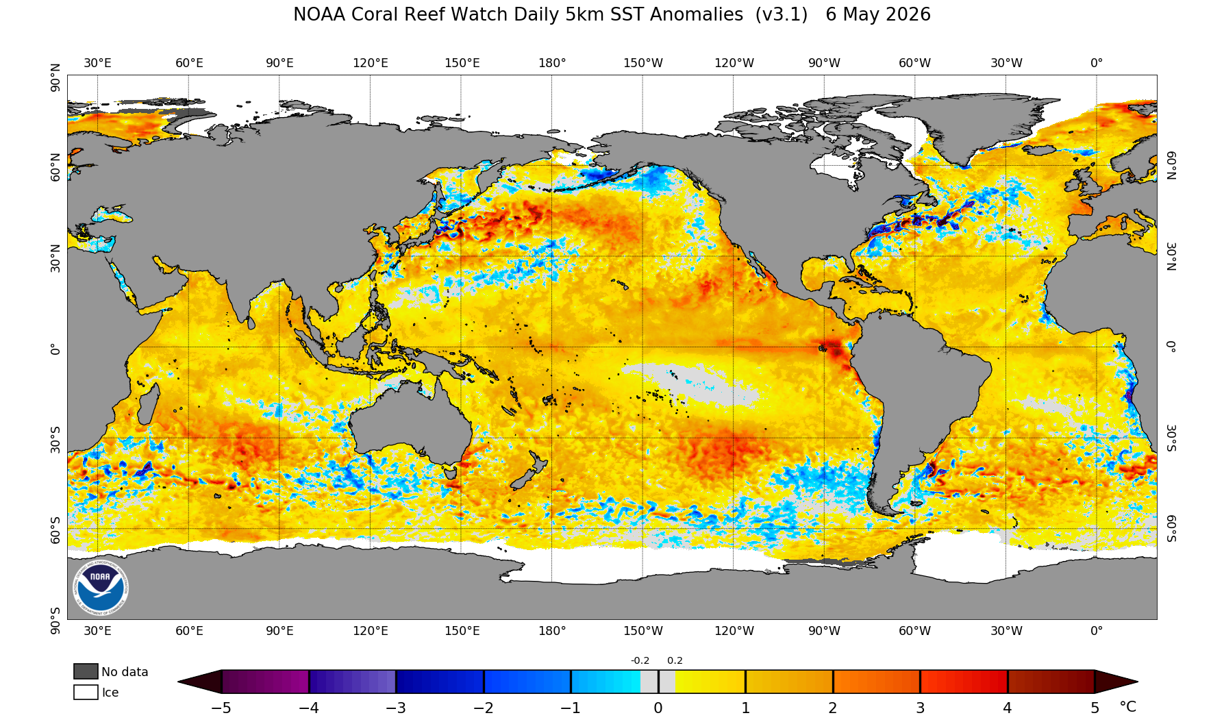This May 6 satellite image from the National Oceanic and Atmospheric Administration shows areas of the world's oceans where surface water temperatures are above or below normal. A pattern of developing oranges and reds along the equator west of South America shows conditions that scientists expect to form an El Niño later this summer.