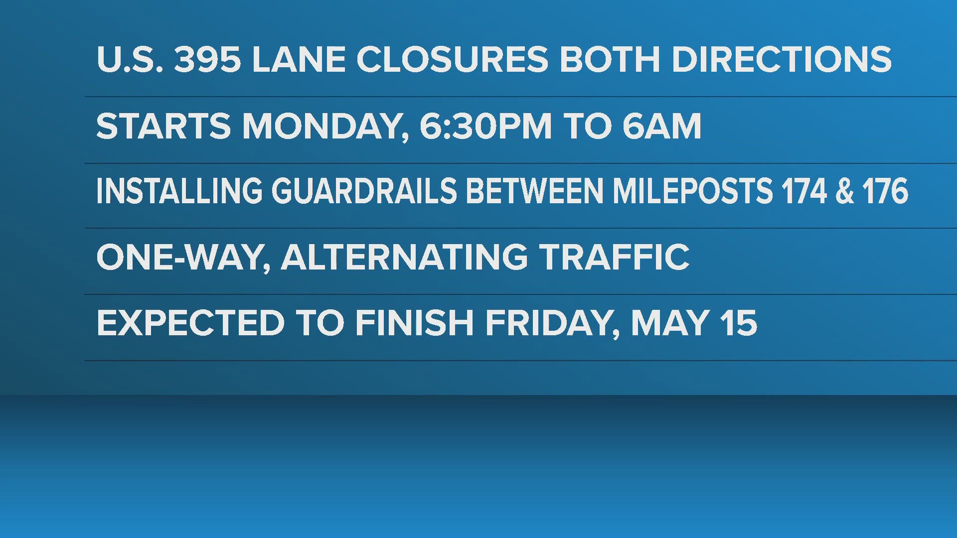 US 395 lane closures overnight starting Monday, May 11