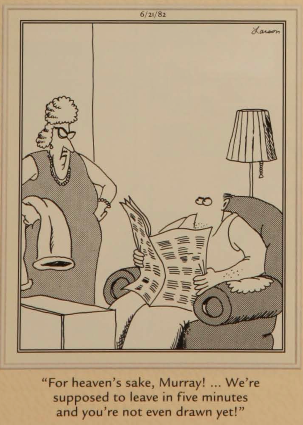A man sits despondently in an arm chair, only half drawn while his wife is ready to go.