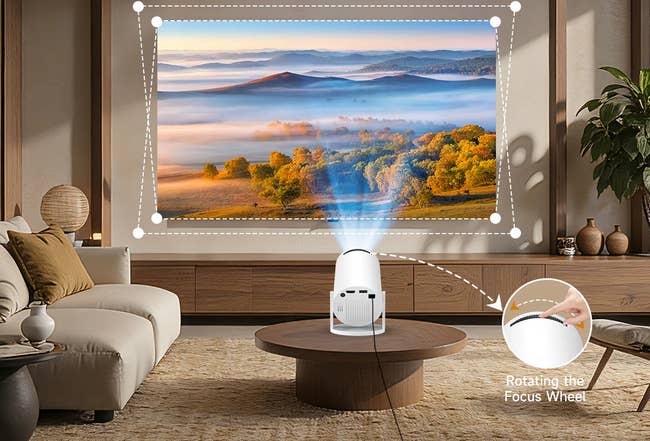Living room with a projector displaying a scenic landscape. Text highlights features like auto vertical correction, zoom, and focus wheel