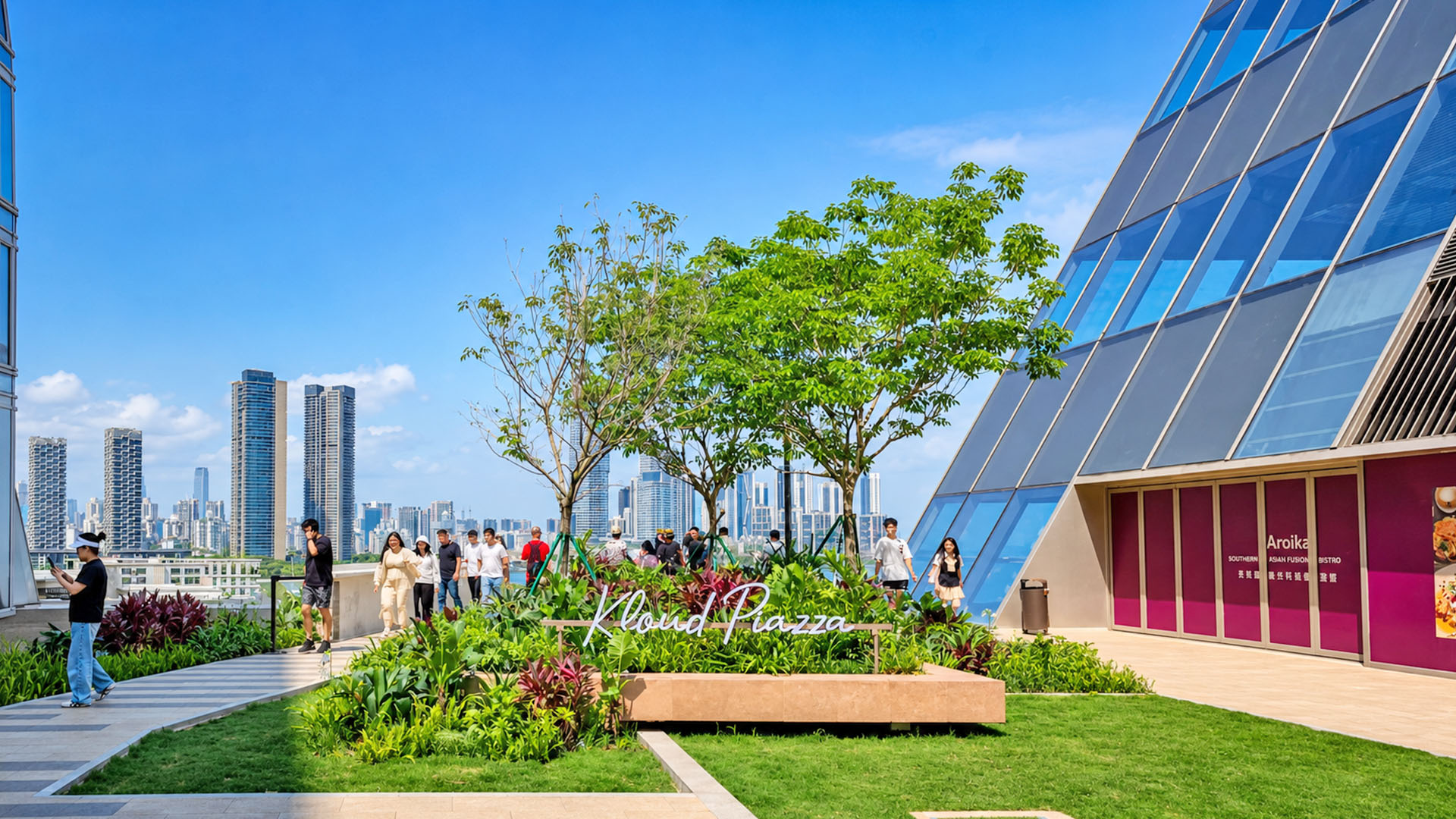 China created rooftop garden districts above expanding modern shopping ...