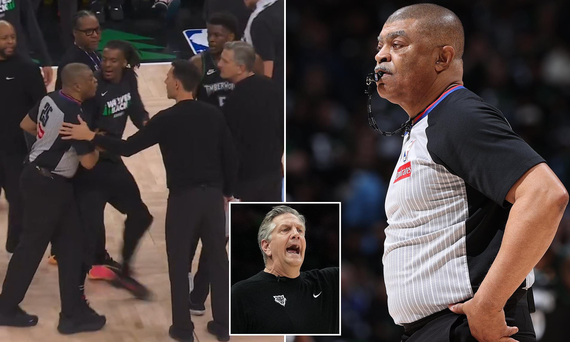 Astonishing moment NBA referee needs to be held back from confronting coach