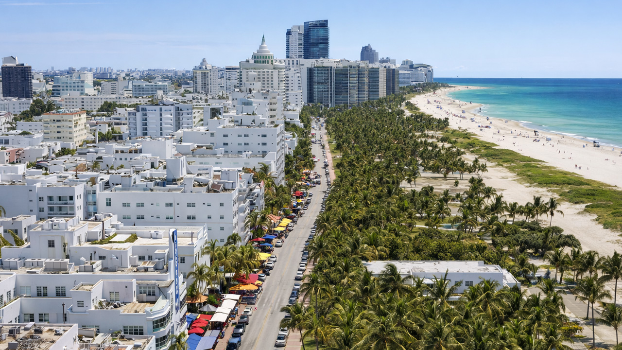Palm lined ocean drive along Miami Beach coastline