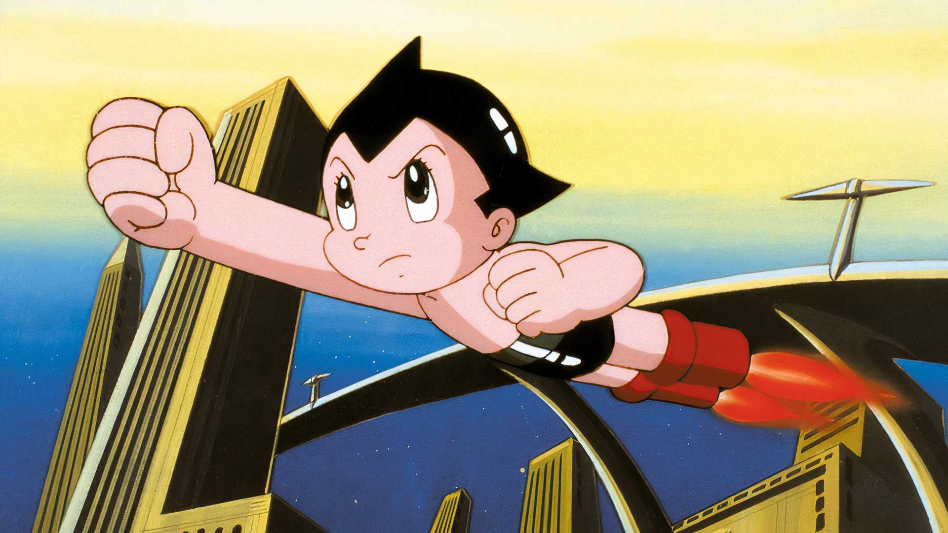 Astro Boy flies with his rocket feet in Astro Boy (1963)