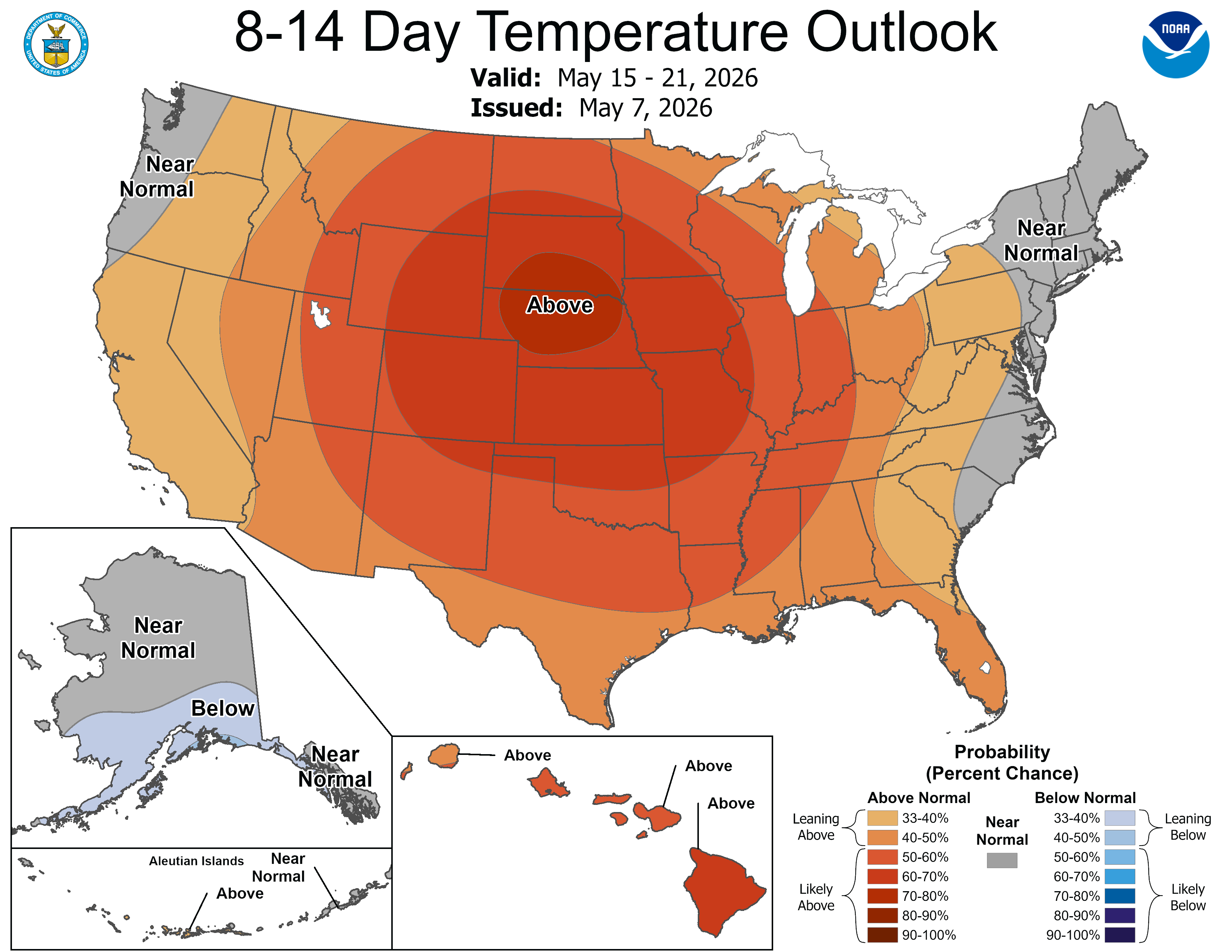 A mid-May outlook from the National Oceanic and Atmospheric Administration means goodbye to mild temperatures and hello summer heat for most of the U.S.