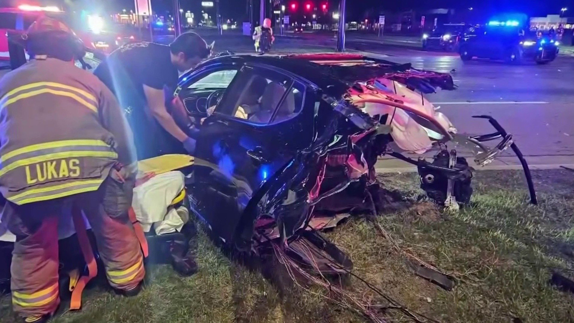 Woman bruised after car split in half from speeding driver