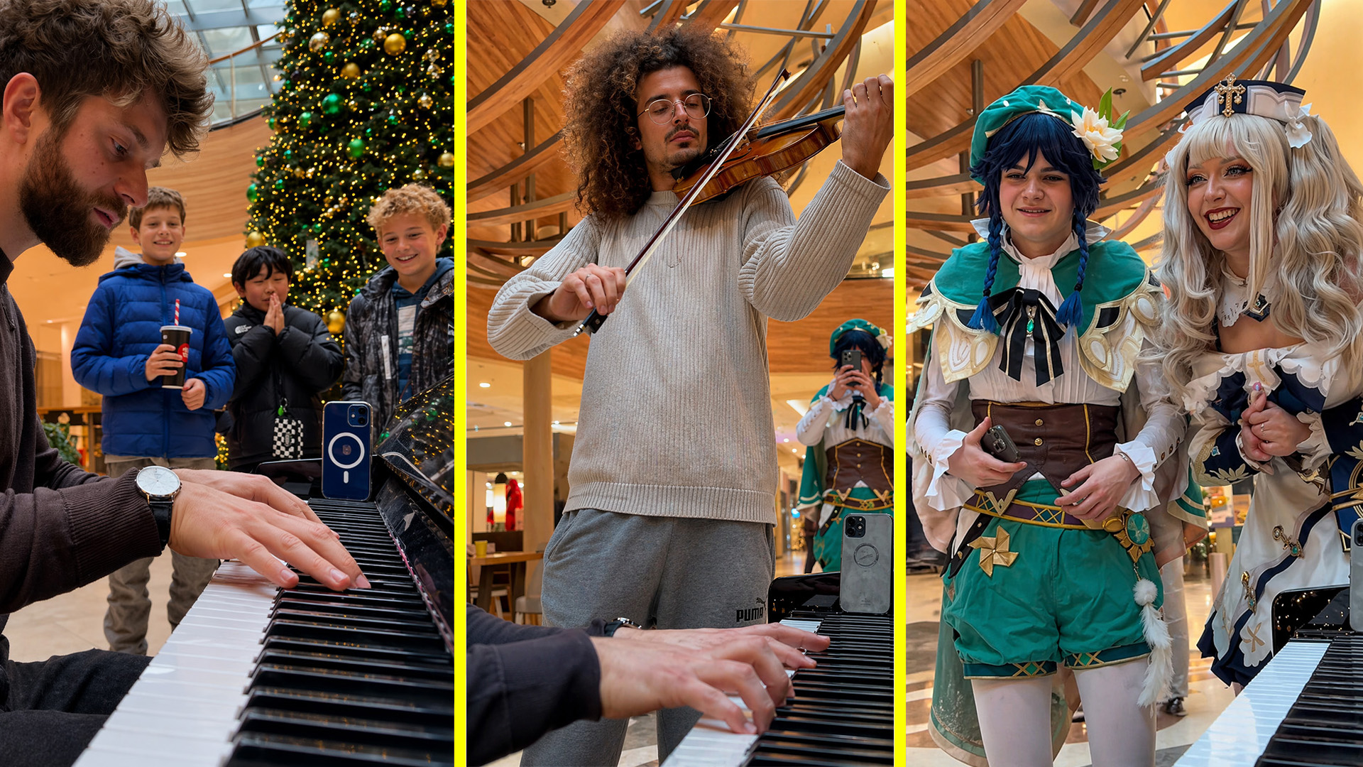 An unexpected violin duet at the public piano