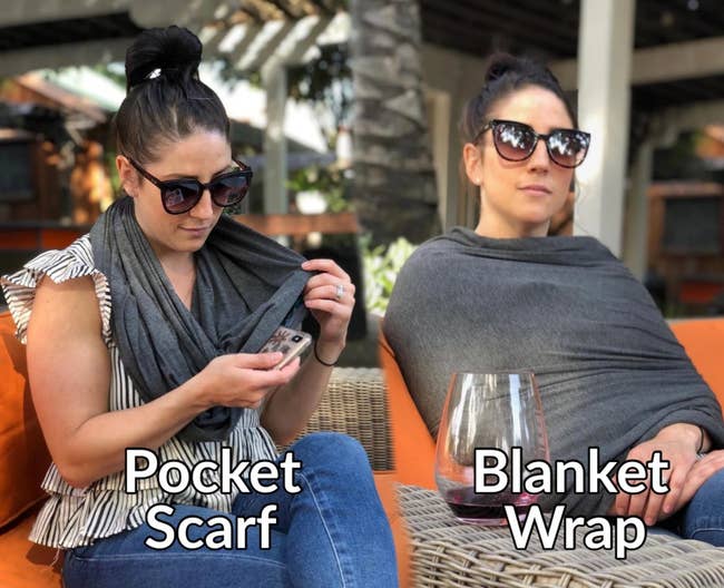 Two images show a woman outdoors modeling a gray pocket scarf and a blanket wrap. She's holding a phone in one and relaxing near a wine glass in the other