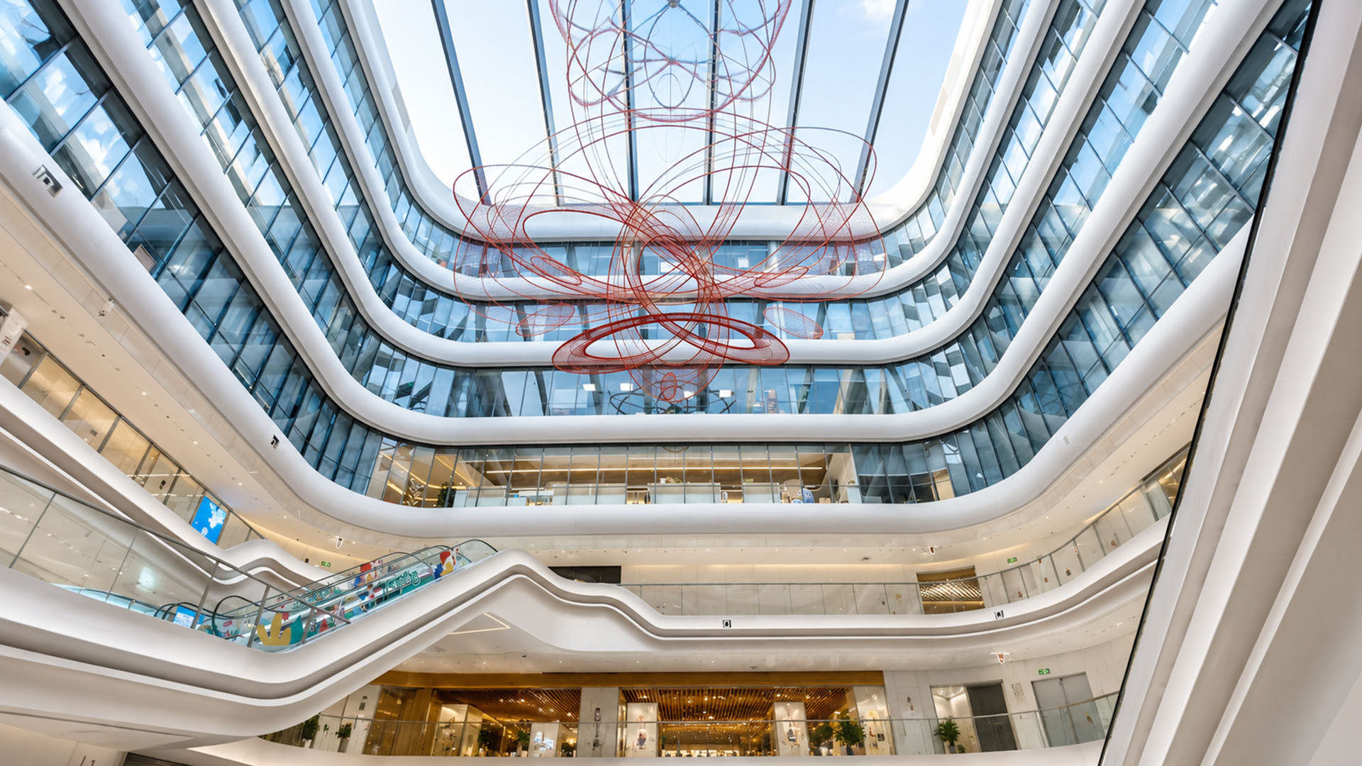 The flowing design inside this Chinese building stands out immediately