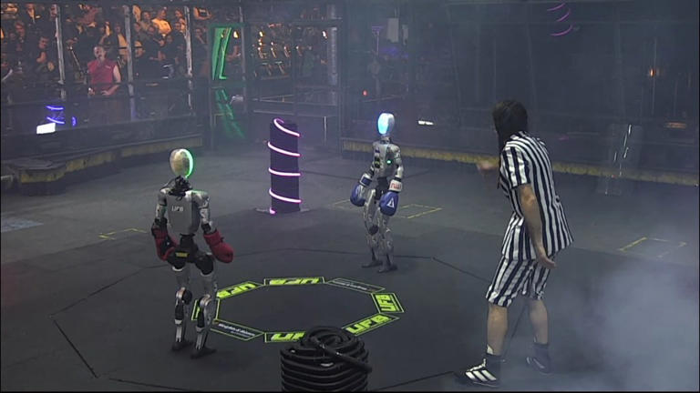 Wild video shows moment humanoid robots go into battle