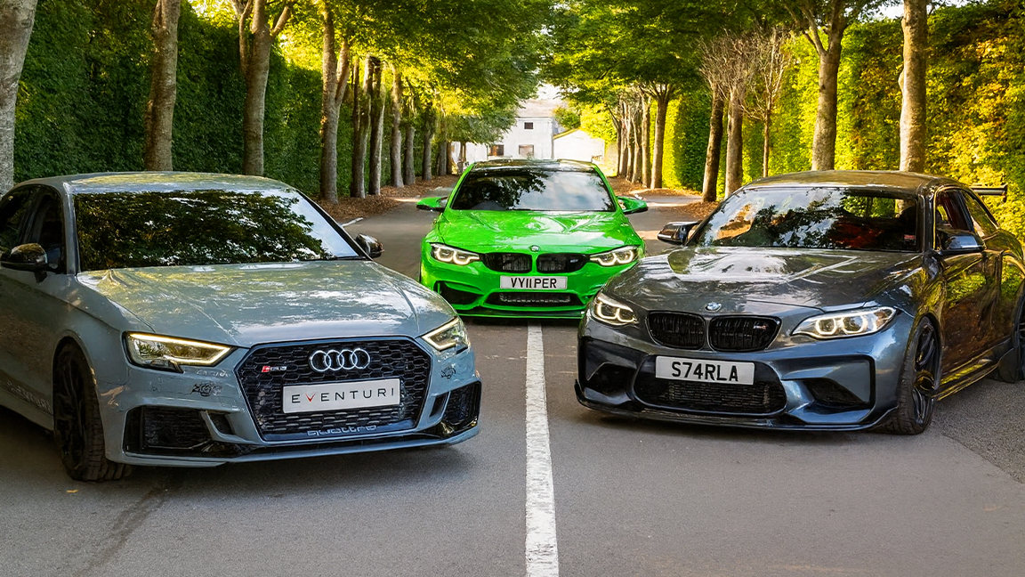 Modified Audi RS3 and BMW M performance cars at exclusive car meet