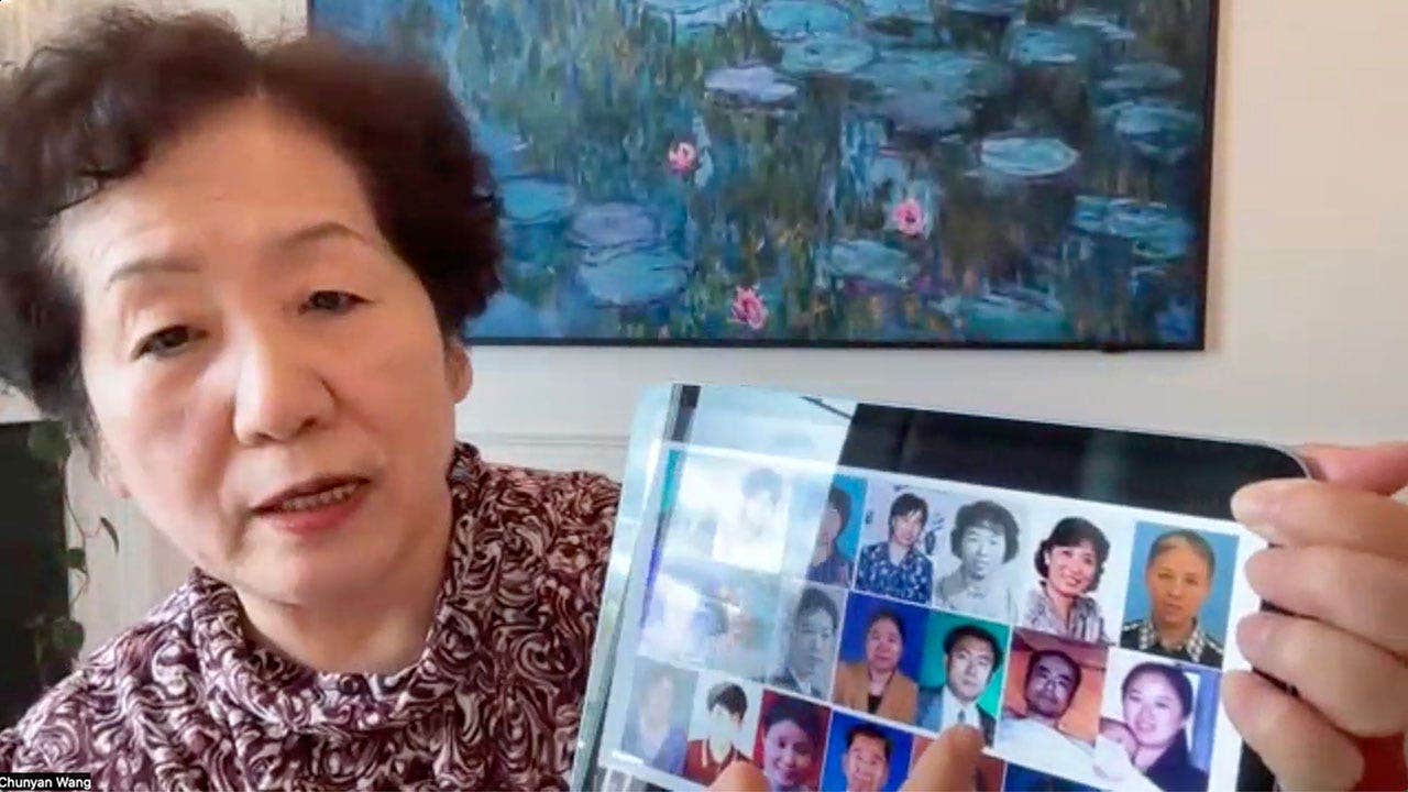 Falun Gong practitioner Wang Chunyan holds photographs of friends she says died during the Chinese Communist Party’s crackdown on the spiritual movement during an interview with Fox News Digital.