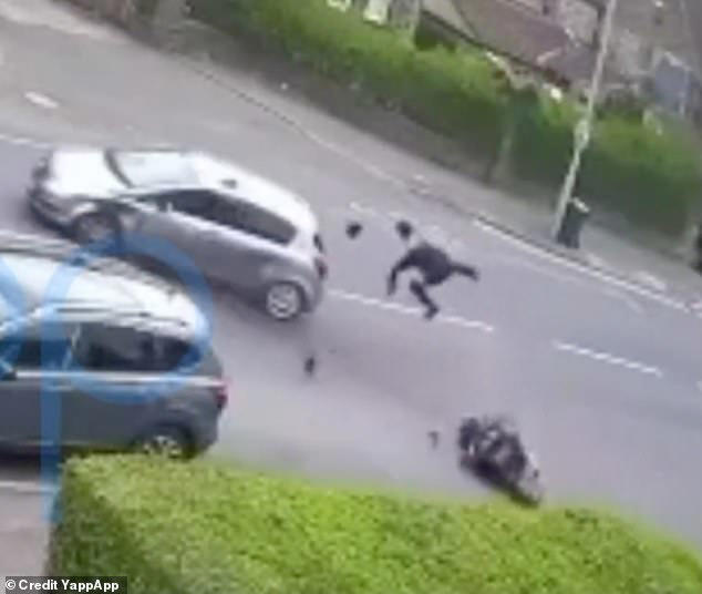 Moment 'teen on stolen motorbike' ploughs into car during police chase