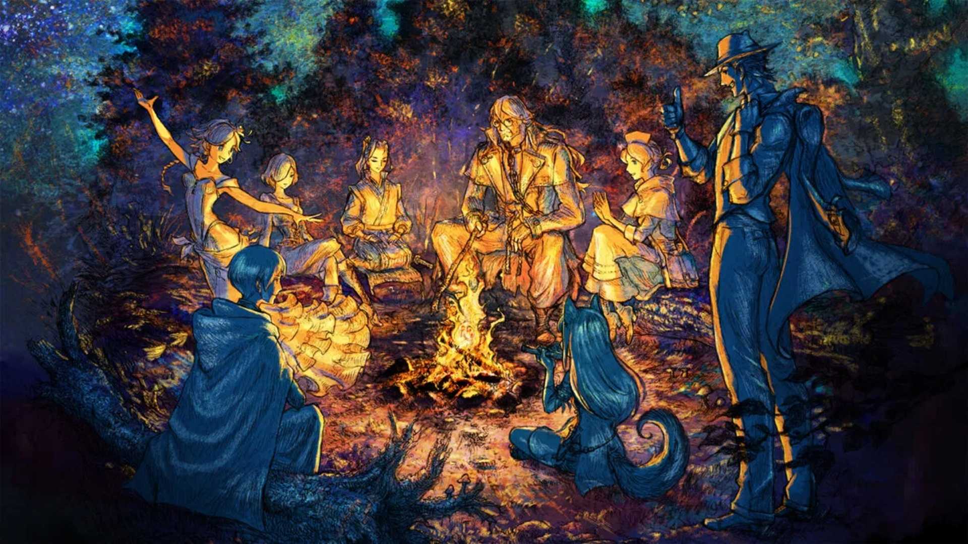 Octopath Traveler II characters around campfire