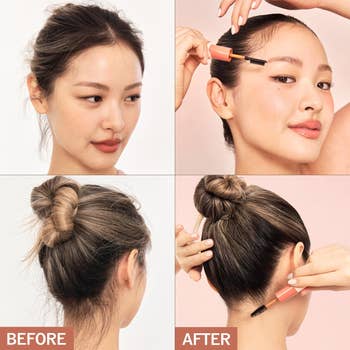 A model demonstrating eyebrow and hair styling tools; before-and-after shots highlight smoother hair and more defined eyebrows