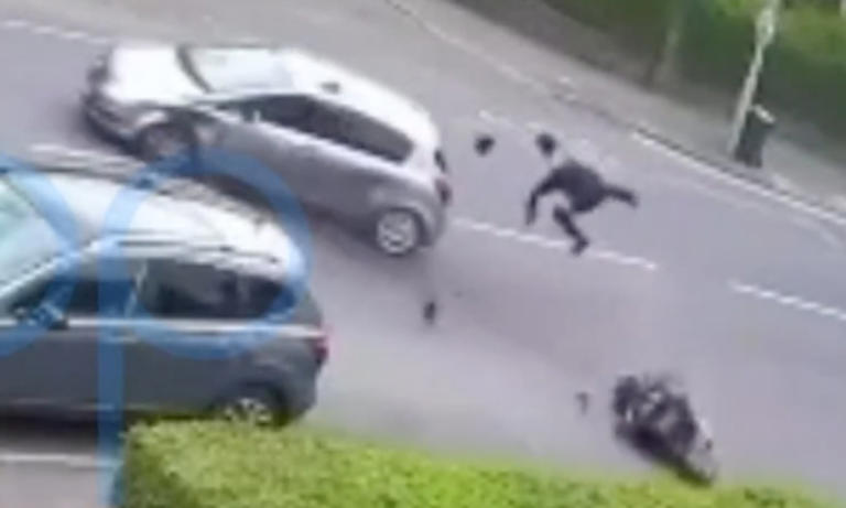 Moment 'teen on stolen motorbike' ploughs into car during police chase