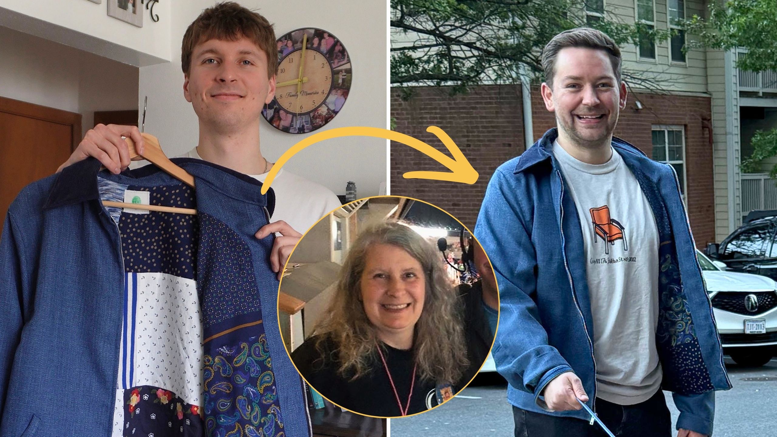Designer creates jacket using client's late mom's clothes | Happily TV