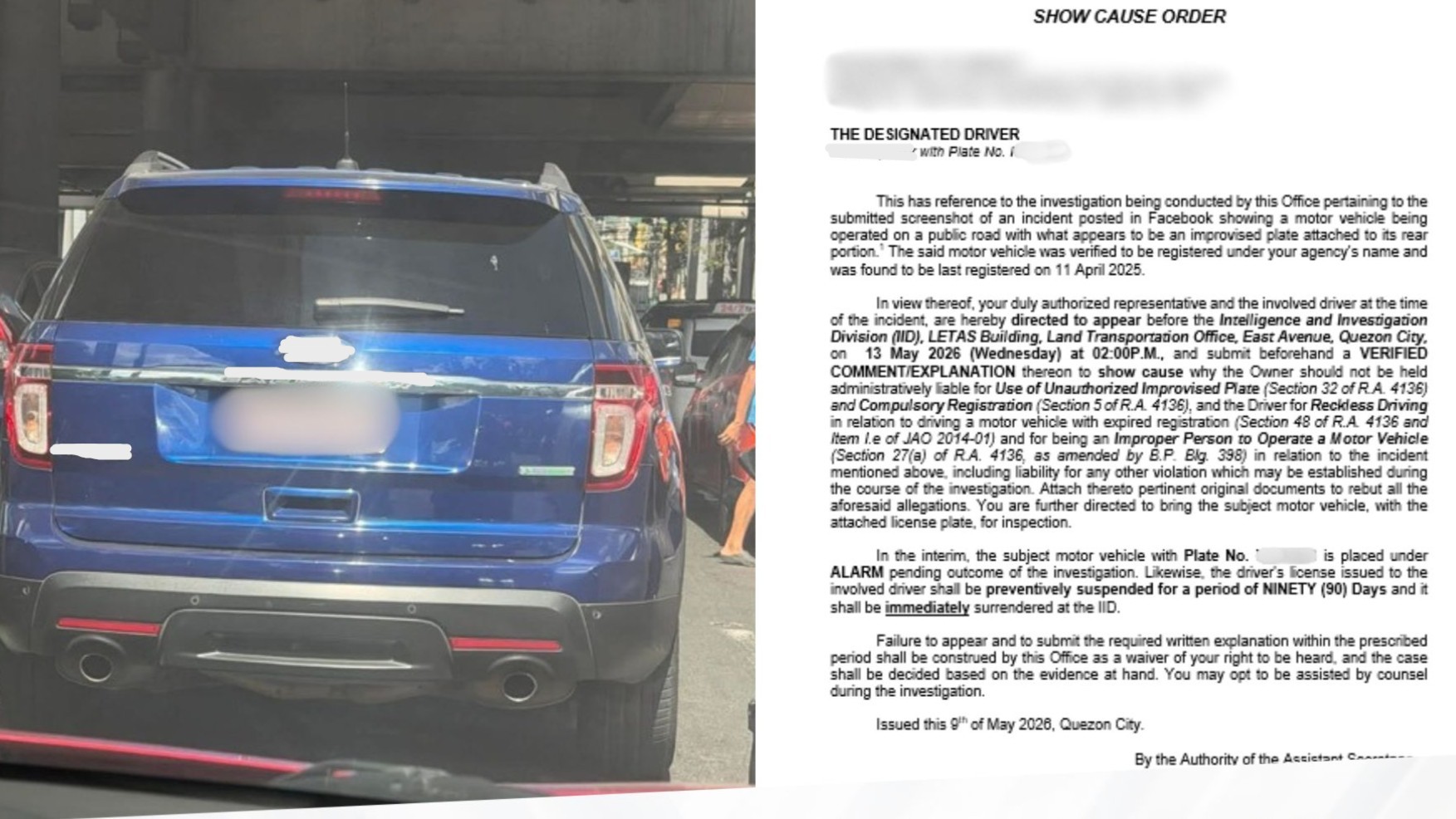 LTO calls out gov't agency for its SUV that used improvised red plate